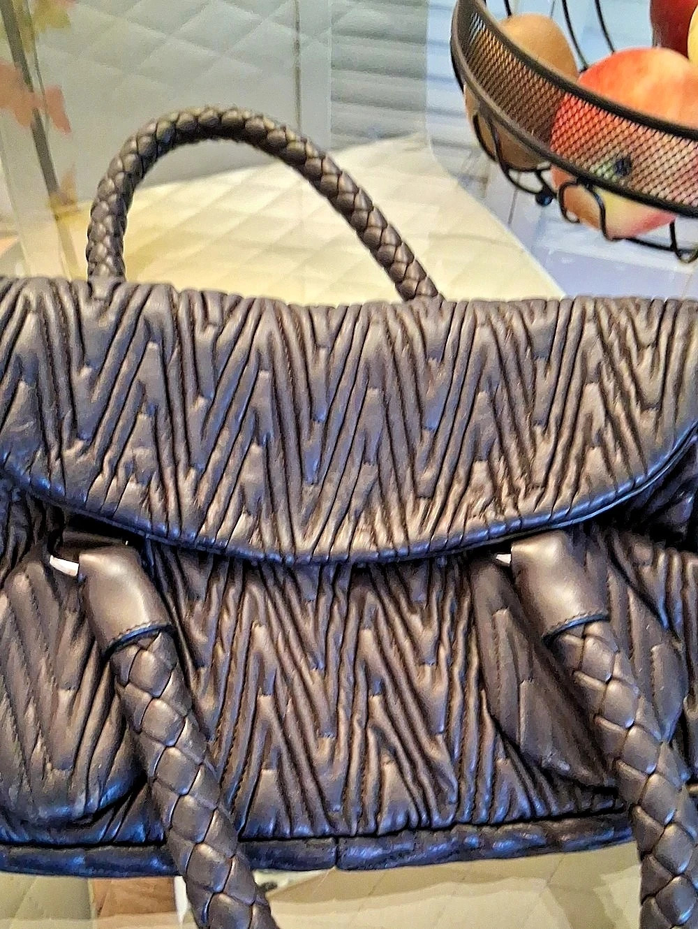 Prada Nappa Gaufre Satchel Ruched Shoulder Bag Black
